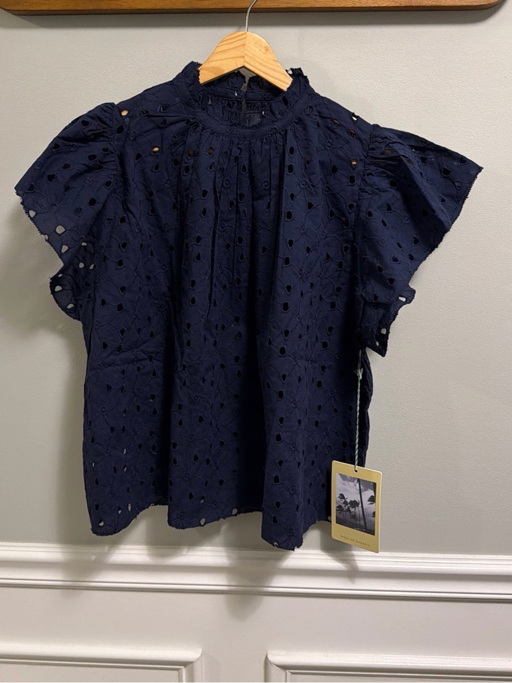 Trovata Birds of Paradise Navy Eyelet Short-Sleeve High-Neck Blouse